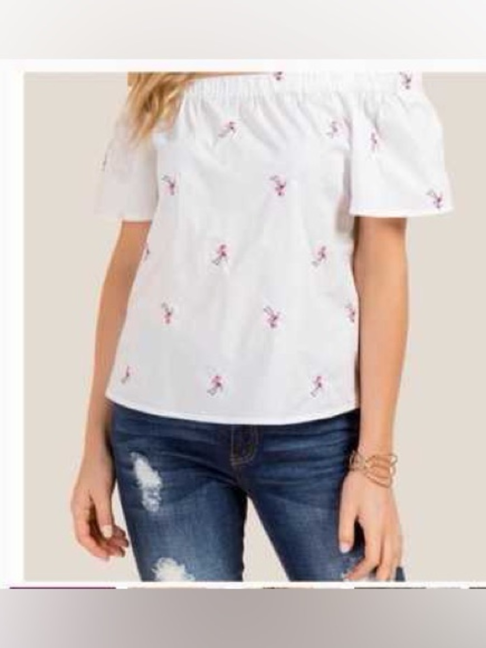 Blue Rain White Off-Shoulder Top with Red Floral Embroidery Small - C54-066